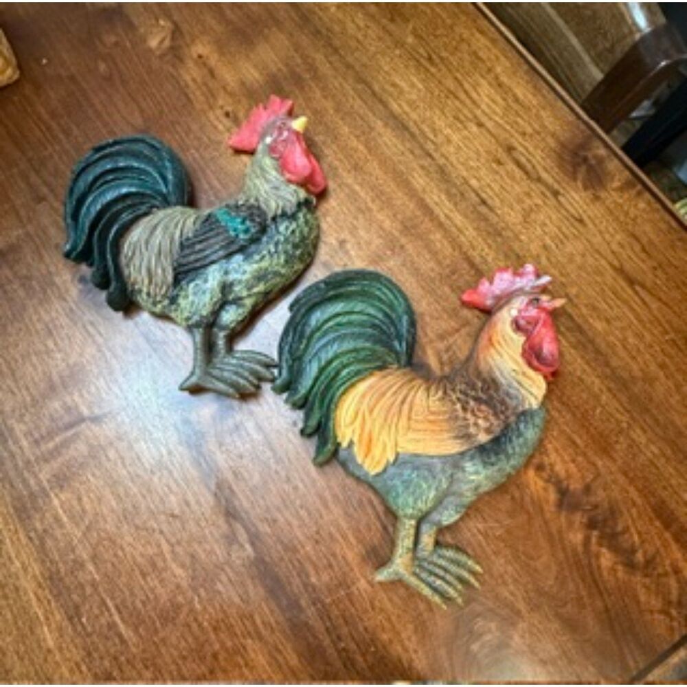 2 vintage mid-century modern rooster wall plaques